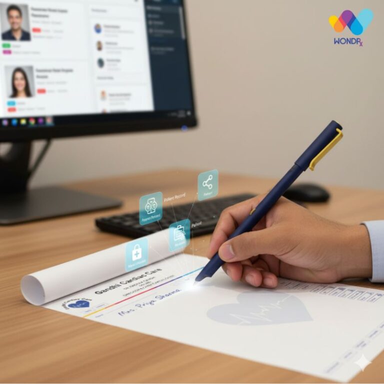 Doctor signing patient form with digital health icons and WondRx logo on screen
