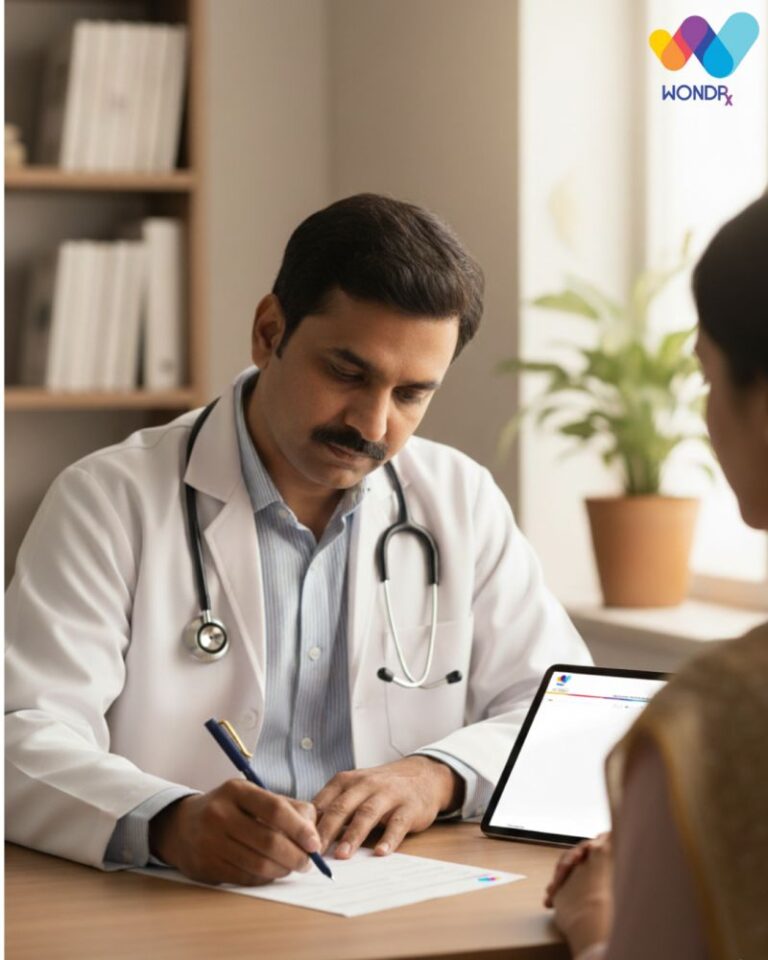 Doctor consulting patient and writing prescription at WondRx clinic office
