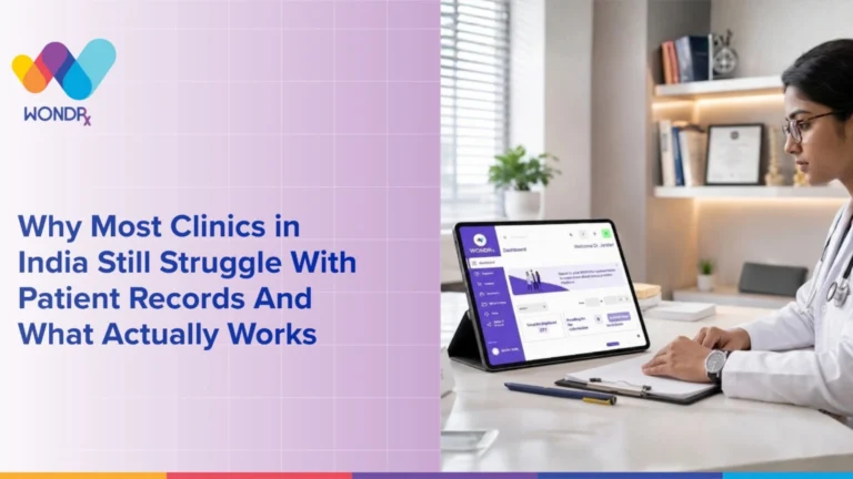 Doctor using electronic health record software on tablet for patient record management.
